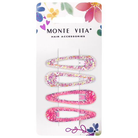 Заколки для волос НАБОР 4 шт, 5 см, клик-клак, с блестками, разные цвета MONTE Заколки для волос НАБОР 4 шт, 5 см, клик-клак, с блестками, разные цвета MONTE