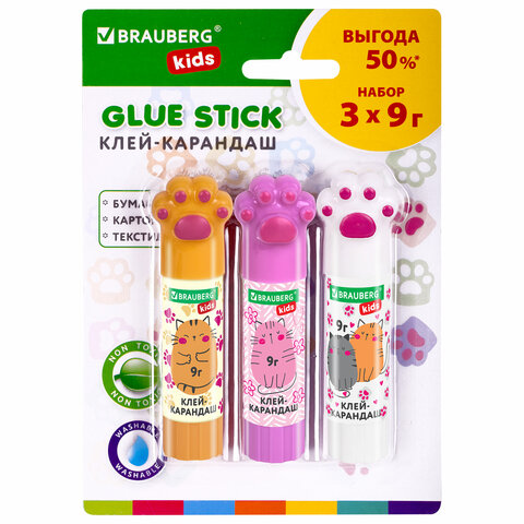 Клей-карандаш "Лапки" Cat Paw 9 г, фигурный колпачок, 3 шт. на