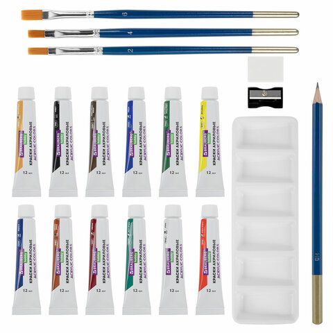 Краски акриловые художественные 12 цветов в тубах по 12 мл, кисти 3 шт.,