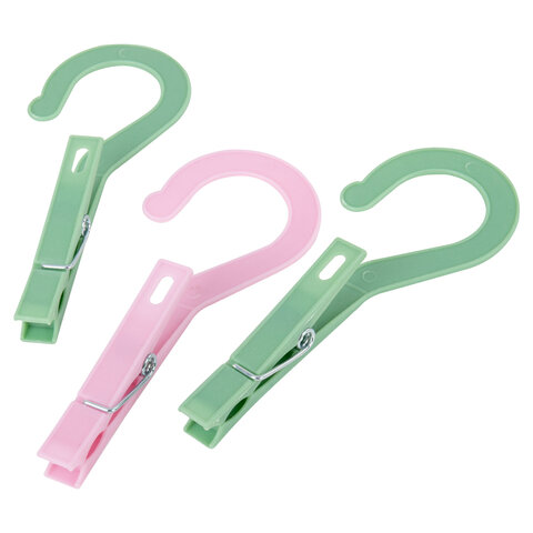 Прищепки бельевые с крючком 13 см, КОМПЛЕКТ 10 штук, пластик, ассорти, PRIMILA