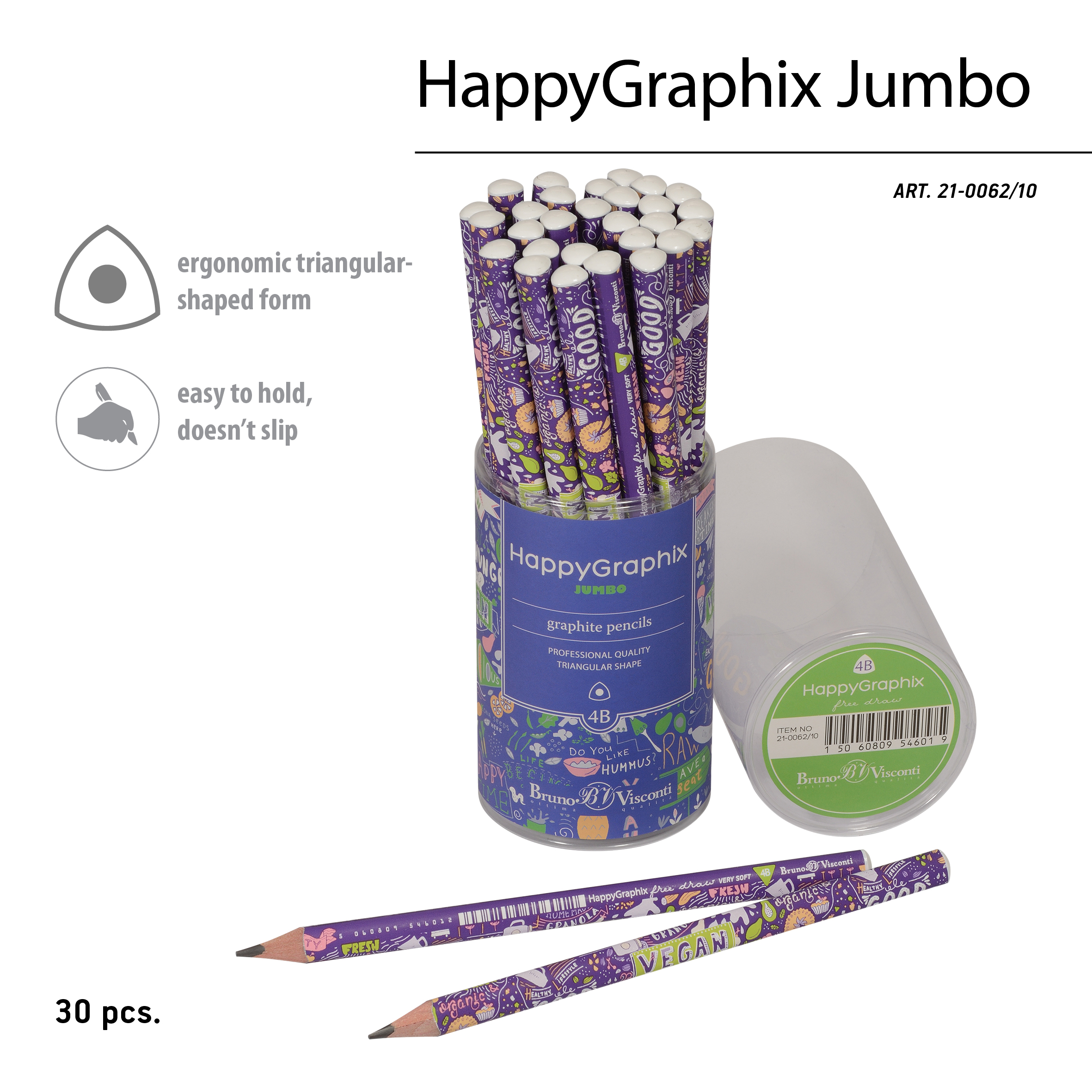 КАРАНДАШ ЧЕРНОГРАФИТОВЫЙ "HappyGraphix Jumbo. Веган" 4В, 3.5 MM КАРАНДАШ ЧЕРНОГРАФИТОВЫЙ "HappyGraphix Jumbo. Веган" 4В, 3.5 MM
