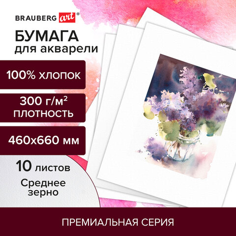 Бумага для акварели ХЛОПОК 100%, 300 г/м2, 460x660 мм, среднее зерно, 10 листов, Бумага для акварели ХЛОПОК 100%, 300 г/м2, 460x660 мм, среднее зерно, 10 листов,