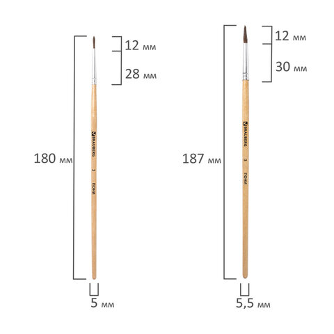 Кисти BRAUBERG, набор 4 шт. (из ворса пони круглая № 2, 3, 4, плоская № 6),
