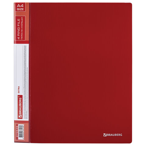 Папка на 4 кольцах, ширина 40 мм, BRAUBERG EXTRA, до 300 листов, КРАСНАЯ, 0,8