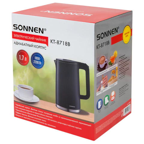 Чайник электрический с двойными стенками SONNEN KT-8718B, 1,7 л, 2200 Вт, Чайник электрический с двойными стенками SONNEN KT-8718B, 1,7 л, 2200 Вт,