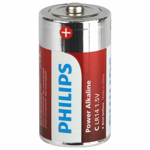 Батарейки алкалиновые КОМПЛЕКТ 2 шт., PHILIPS Power Alkaline, C (LR14, 14А),