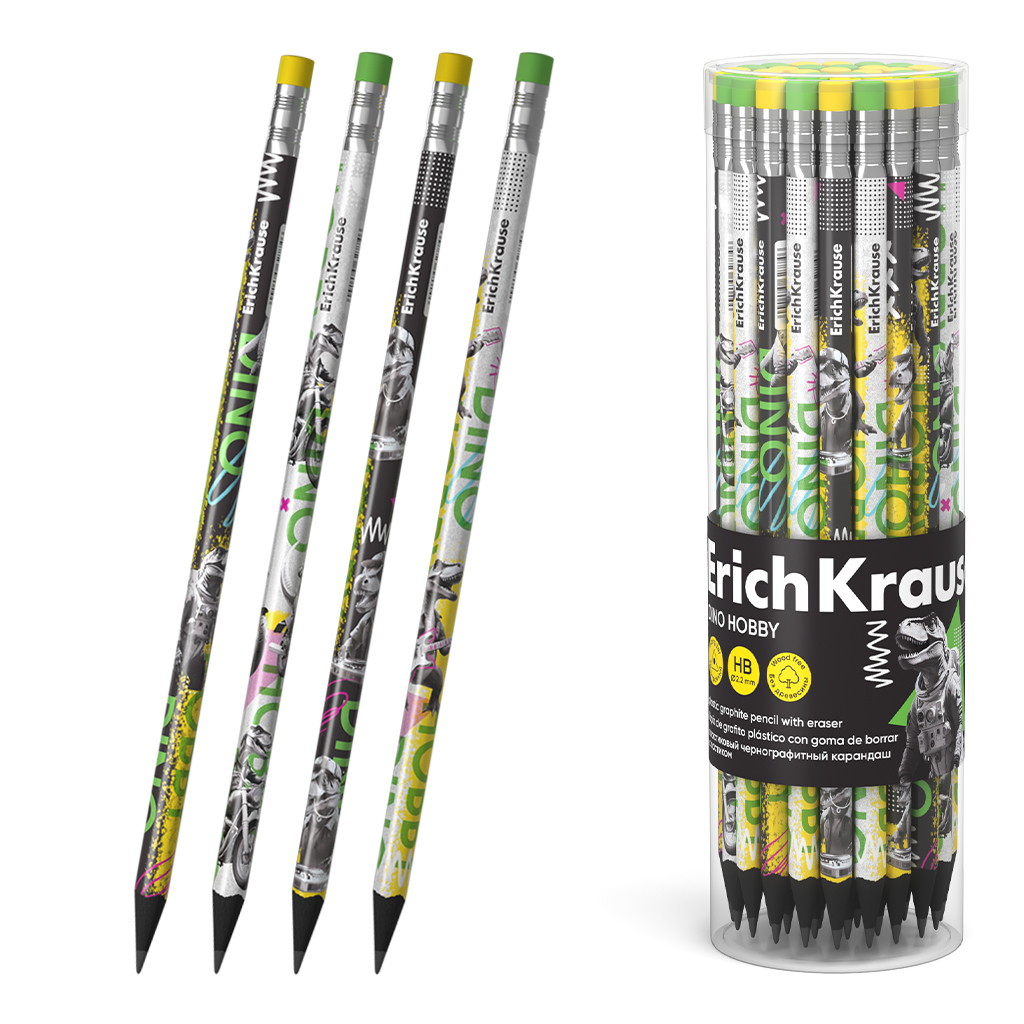 Чернографитный карандаш пластиковый ErichKrause Dino Hobby, трехгранный, с Чернографитный карандаш пластиковый ErichKrause Dino Hobby, трехгранный, с