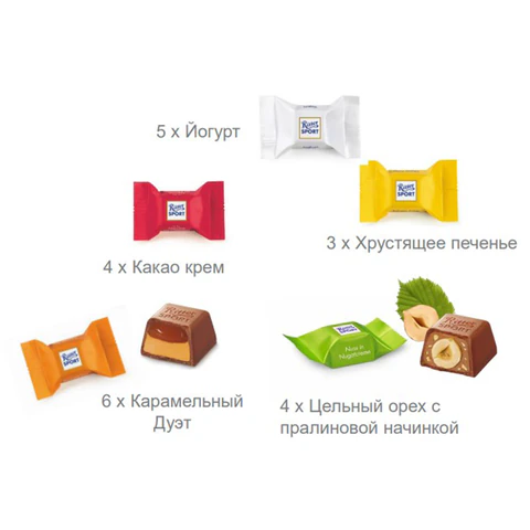 Шоколадные конфеты RITTER SPORT "DANKE SCHON", набор 5 вкусов, 22 Шоколадные конфеты RITTER SPORT "DANKE SCHON", набор 5 вкусов, 22