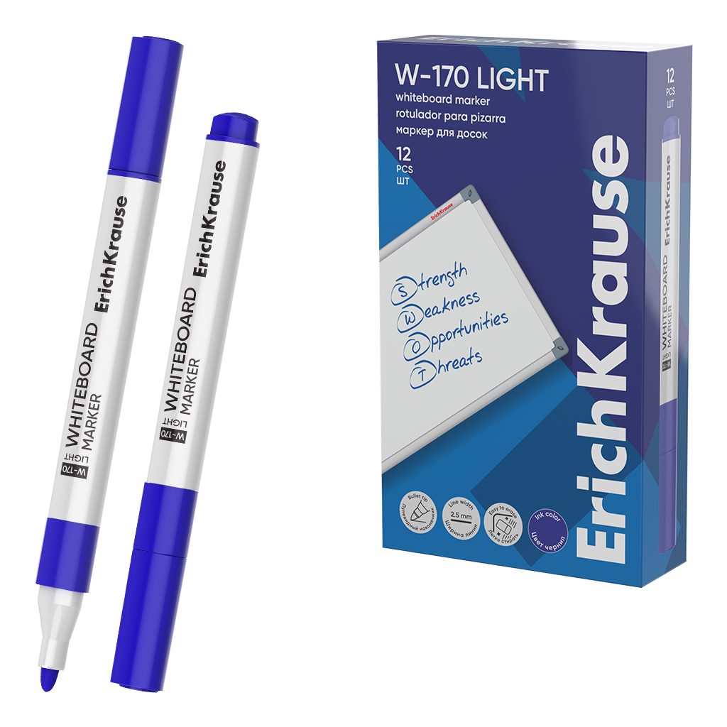 Маркер для досок ErichKrause W-170 light, цвет чернил синий (в коробке по 12 Маркер для досок ErichKrause W-170 light, цвет чернил синий (в коробке по 12