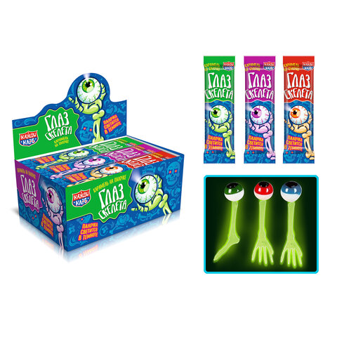Карамель на неоновой палочке "Глаз скелета" ассорти, 10 г, КАНДИ КЛАБ, Карамель на неоновой палочке "Глаз скелета" ассорти, 10 г, КАНДИ КЛАБ,