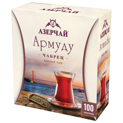 Чай АЗЕРЧАЙ "Армуду" черный с чабрецом, 100 пакетиков с ярлычками по Чай АЗЕРЧАЙ "Армуду" черный с чабрецом, 100 пакетиков с ярлычками по