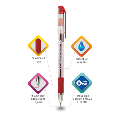 Ручка шариковая масляная с грипом BRAUBERG "Max-Oil", КРАСНАЯ, Ручка шариковая масляная с грипом BRAUBERG "Max-Oil", КРАСНАЯ,