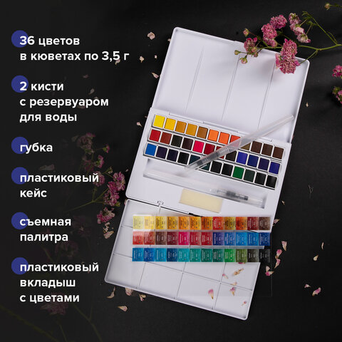 Акварель художественная кюветы НАБОР 36 цветов по 3,5 г, пластиковый кейс,