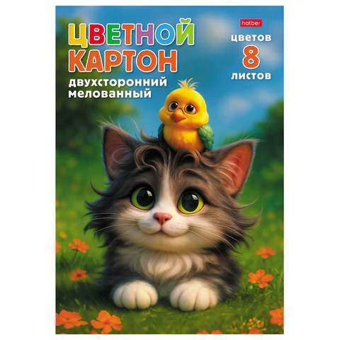 Картон цветной А4, 2-сторонний, МЕЛОВАННЫЙ, 8 листов, 8 цветов, в папке, HATBER, Картон цветной А4, 2-сторонний, МЕЛОВАННЫЙ, 8 листов, 8 цветов, в папке, HATBER,