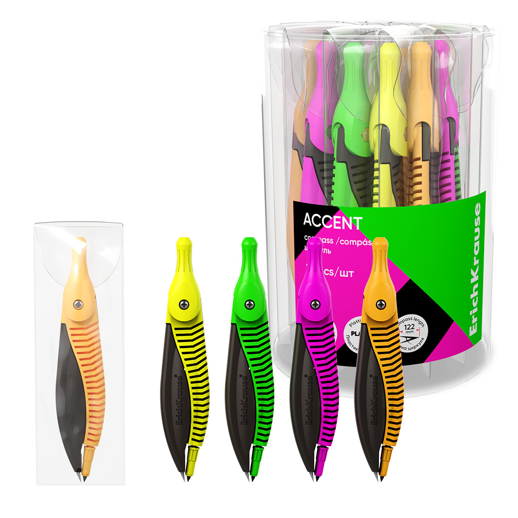 Циркуль пластиковый Erich Krause Accent, 122мм, ПВХ чехол, ассорти (в тубусе по Циркуль пластиковый Erich Krause Accent, 122мм, ПВХ чехол, ассорти (в тубусе по