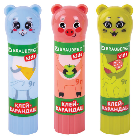 Клей-карандаш "Зверята: кошка, мышка, хрюшка", 9 г, фигурный колпачок,