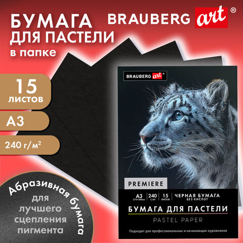 Бумага для пастели АБРАЗИВНАЯ А3 в папке, 15 листов, ЧЕРНАЯ, 240 г/м2, BRAUBERG Бумага для пастели АБРАЗИВНАЯ А3 в папке, 15 листов, ЧЕРНАЯ, 240 г/м2, BRAUBERG