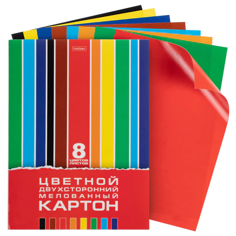 Картон цветной А4, 2-сторонний, МЕЛОВАННЫЙ, 8 листов, 8 цветов, в папке, HATBER, Картон цветной А4, 2-сторонний, МЕЛОВАННЫЙ, 8 листов, 8 цветов, в папке, HATBER,