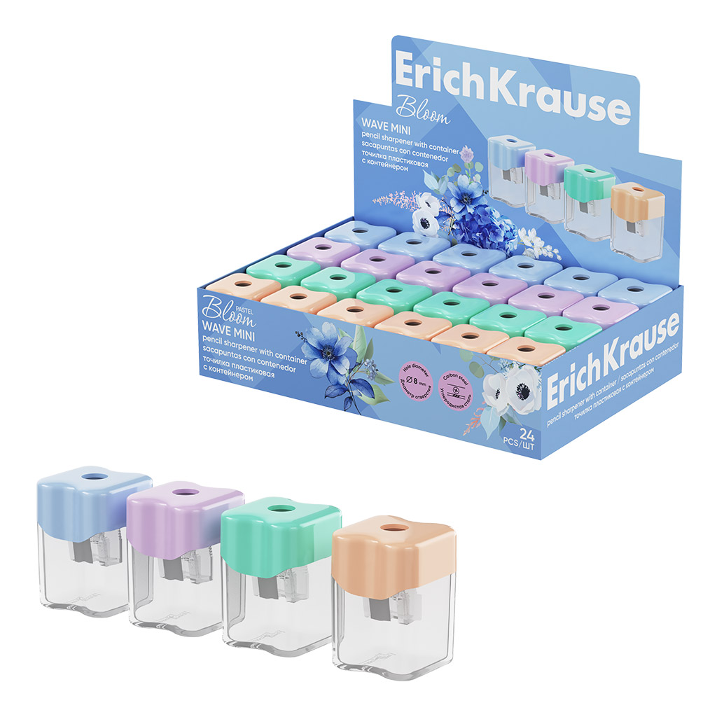 Точилка пластиковая ErichKrause Wave Mini, Pastel Bloom, с контейнером, ассорти Точилка пластиковая ErichKrause Wave Mini, Pastel Bloom, с контейнером, ассорти