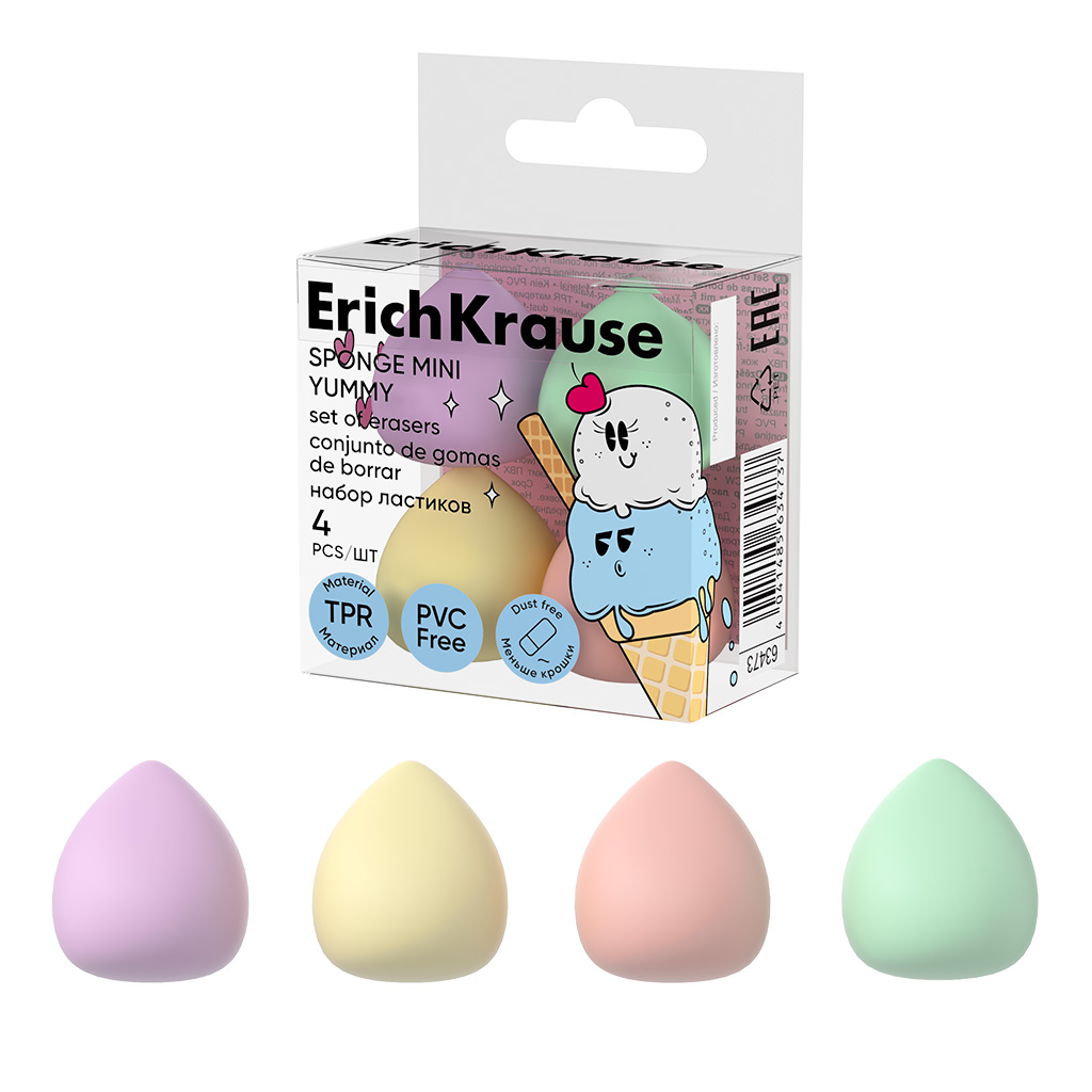 Набор из 4 ластиков ErichKrause Sponge Mini Yummy (в пэт-боксе) Набор из 4 ластиков ErichKrause Sponge Mini Yummy (в пэт-боксе)