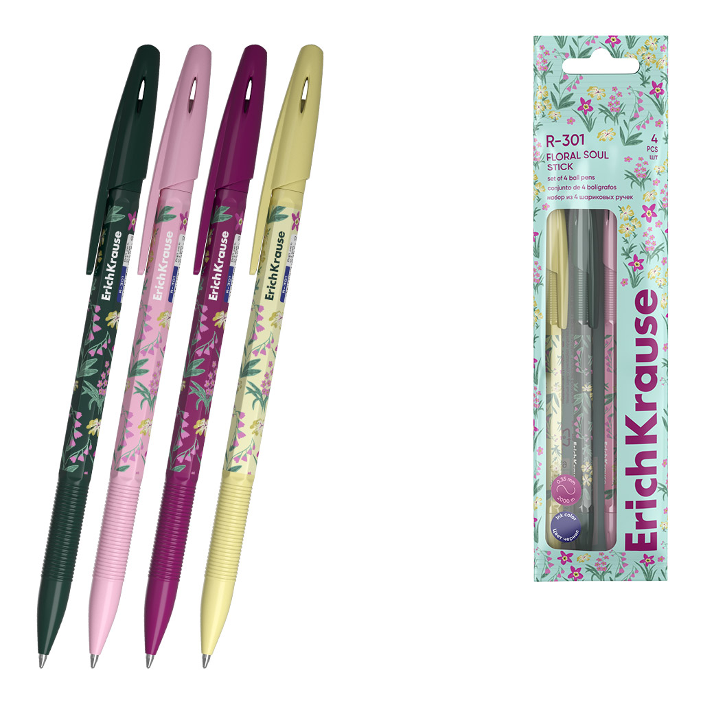 Набор из 4 ручек шариковых ErichKrause R-301 Stick Floral Soul 0.7, цвет чернил Набор из 4 ручек шариковых ErichKrause R-301 Stick Floral Soul 0.7, цвет чернил