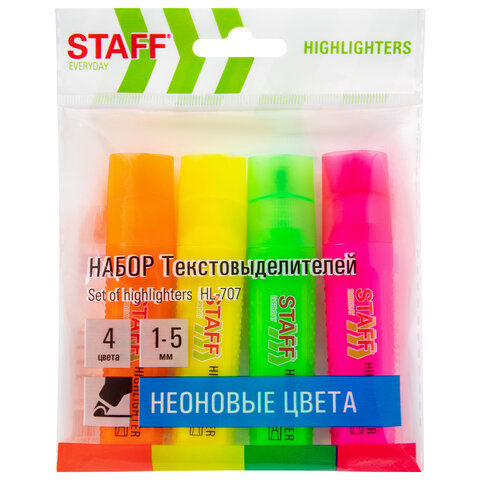 Набор текстовыделителей 4 НЕОНОВЫХ ЦВЕТА, STAFF "EVERYDAY HL-707", Набор текстовыделителей 4 НЕОНОВЫХ ЦВЕТА, STAFF "EVERYDAY HL-707",