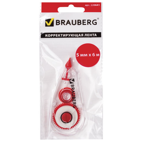 Корректирующая лента BRAUBERG "Red Power", 5 мм х 6 м, в упаковке с