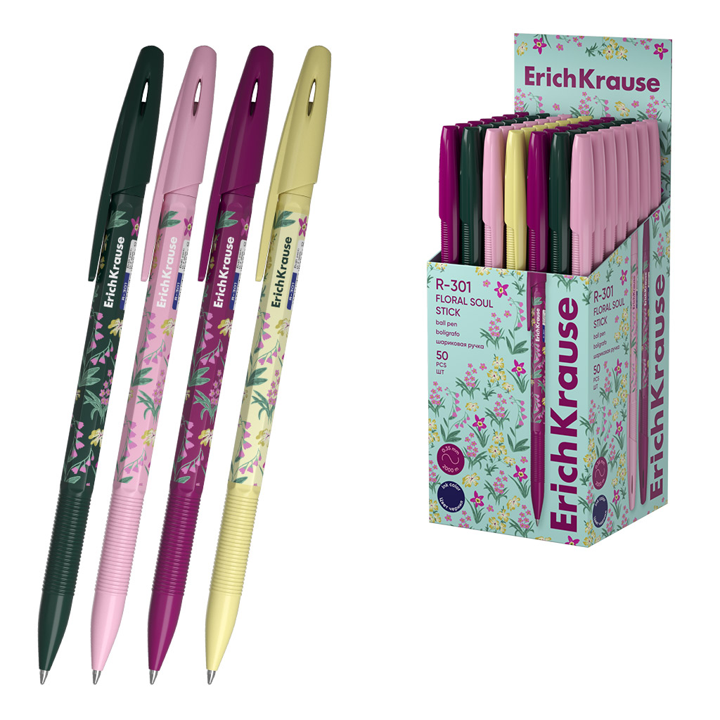 Ручка шариковая ErichKrause R-301 Stick Floral Soul 0.7, цвет чернил синий (в Ручка шариковая ErichKrause R-301 Stick Floral Soul 0.7, цвет чернил синий (в