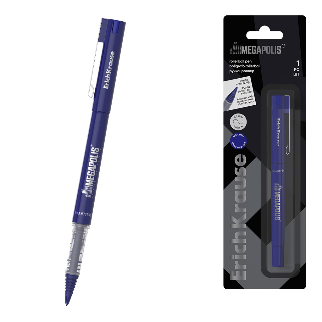 Ручка-роллер ErichKrause MEGAPOLIS® Stick 1.0, цвет чернил синий (в блистере по Ручка-роллер ErichKrause MEGAPOLIS® Stick 1.0, цвет чернил синий (в блистере по