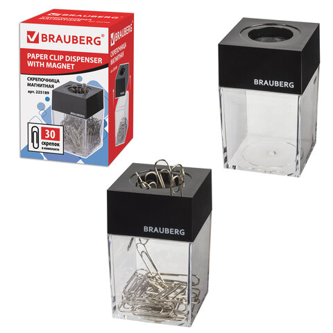 Скрепочница магнитная BRAUBERG с 30 скрепками, прозрачный корпус, черная крышка, Скрепочница магнитная BRAUBERG с 30 скрепками, прозрачный корпус, черная крышка,