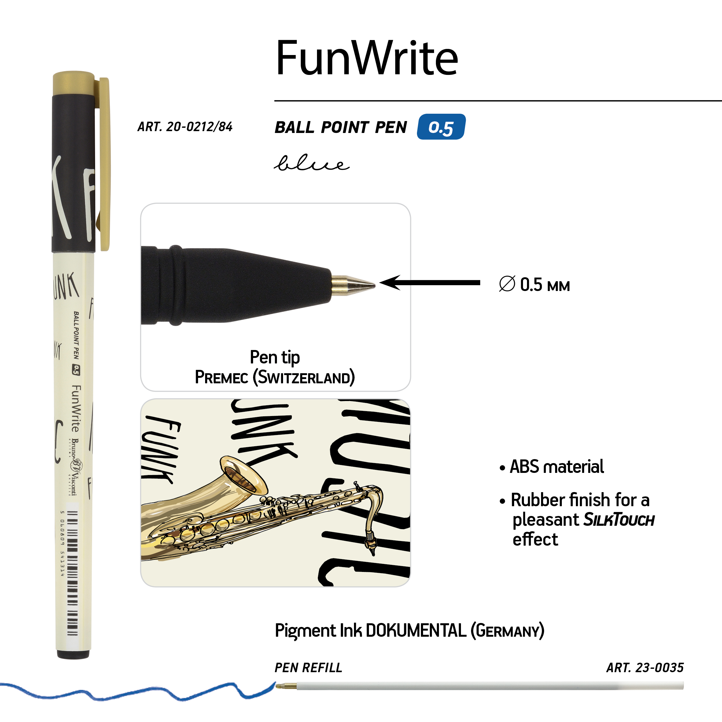 РУЧКА "FunWrite. Музыка. Золотой саксофон" ШАРИКОВАЯ 0.5 ММ, СИНЯЯ