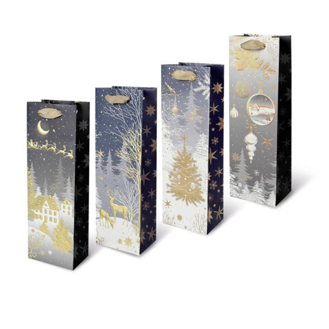 Пакет подарочный под бутылку НАБОР 4 штуки новогодний 13x36x9см, Пакет подарочный под бутылку НАБОР 4 штуки новогодний 13x36x9см,