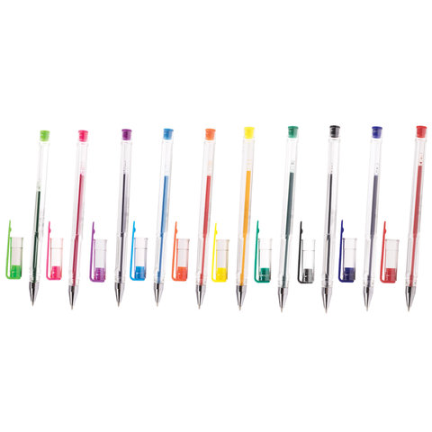Ручки гелевые ПИФАГОР, НАБОР 10 шт. АССОРТИ, корпус прозрачный, узел 0,5 мм,