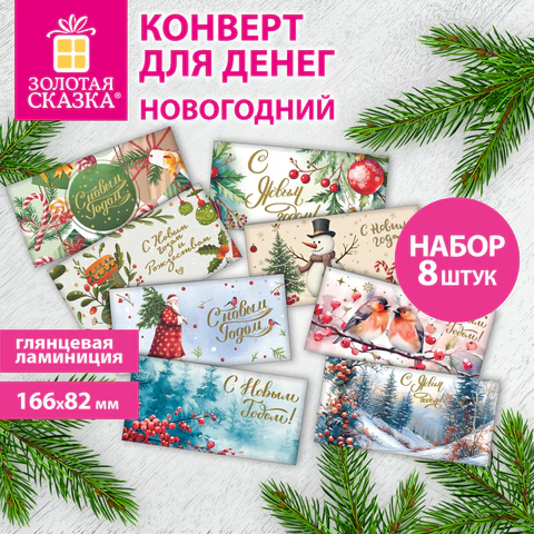 Конверт для денег новогодний, НАБОР №2, 8 ДИЗАЙНОВ, 166х82 мм, ламинация, Конверт для денег новогодний, НАБОР №2, 8 ДИЗАЙНОВ, 166х82 мм, ламинация,