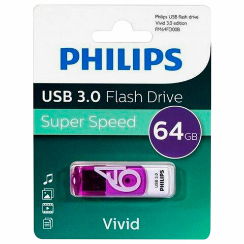 Флеш-диск 64 GB PHILIPS VIVID, разъем USB 3.0, фиолетовый, FM64FD00B/97 Флеш-диск 64 GB PHILIPS VIVID, разъем USB 3.0, фиолетовый, FM64FD00B/97