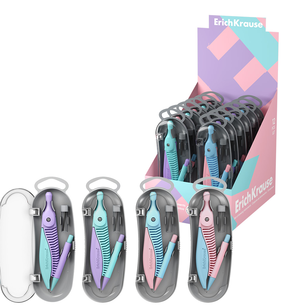 Готовальня Erich Krause Pastel, (пластиковый циркуль и сменные грифели), пенал, Готовальня Erich Krause Pastel, (пластиковый циркуль и сменные грифели), пенал,