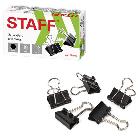 Зажимы для бумаг STAFF, КОМПЛЕКТ 12 шт., 19 мм, на 60 листов, черные, картонная Зажимы для бумаг STAFF, КОМПЛЕКТ 12 шт., 19 мм, на 60 листов, черные, картонная