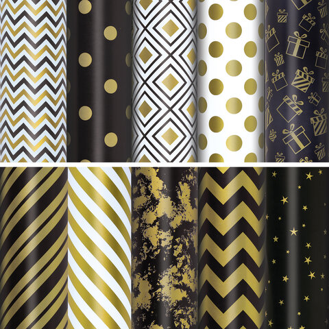 Бумага упаковочная "Golden pattern", 70x100 см, 10 дизайнов ассорти, Бумага упаковочная "Golden pattern", 70x100 см, 10 дизайнов ассорти,