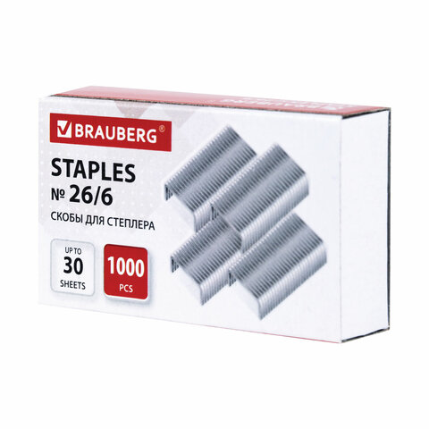 Скобы BRAUBERG № 26/6 (для степлеров 24/6), 1000 штук, экономичные, до 30