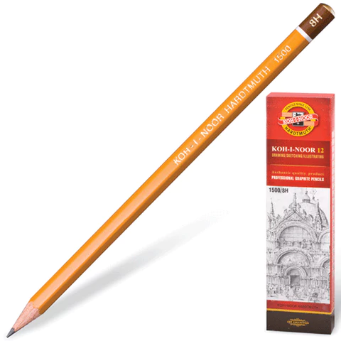 Карандаш чернографитный KOH-I-NOOR 1500, 1 шт., 8H, корпус желтый, заточенный, Карандаш чернографитный KOH-I-NOOR 1500, 1 шт., 8H, корпус желтый, заточенный,