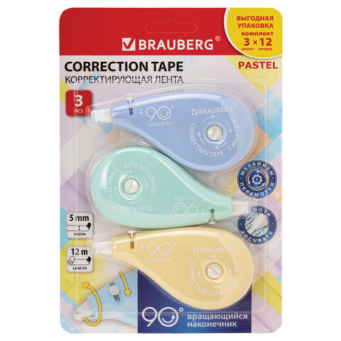 Корректирующая лента BRAUBERG PASTEL 5 мм х 12 м, вращающийся наконечник 90°, Корректирующая лента BRAUBERG PASTEL 5 мм х 12 м, вращающийся наконечник 90°,