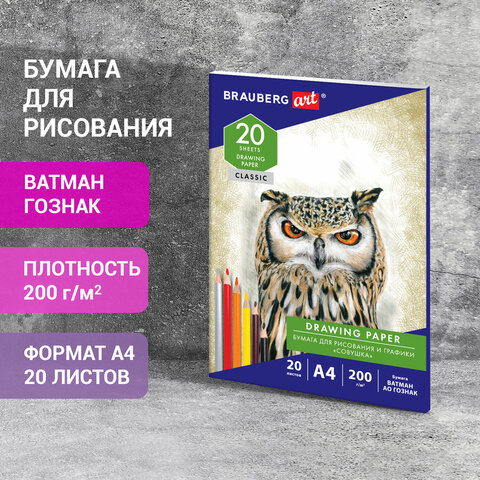 Бумага для рисования в папке А4, 20 л., 200 г/м2, ВАТМАН ГОЗНАК, BRAUBERG ART Бумага для рисования в папке А4, 20 л., 200 г/м2, ВАТМАН ГОЗНАК, BRAUBERG ART