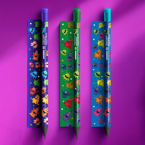 Карандаш чернографитный с принтом ЮНЛАНДИЯ МОНСТРИКИ, 1 шт., HB, с ластиком,