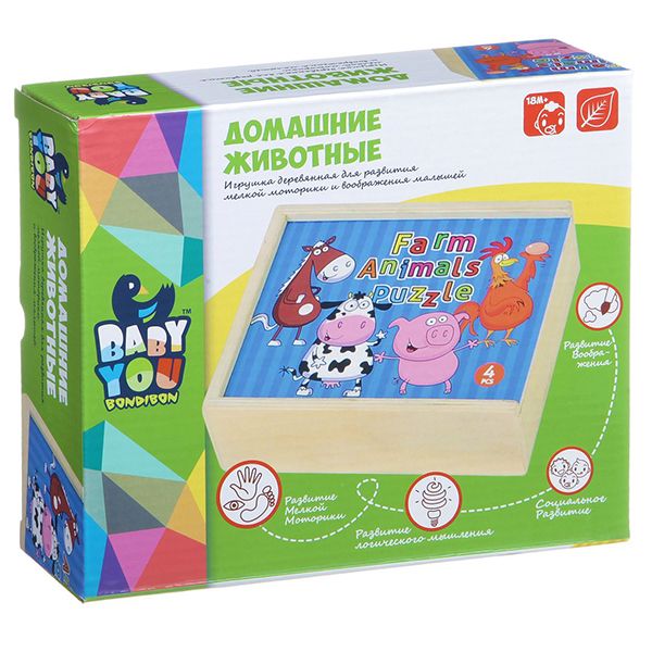Игровой набор деревянный, пазлы, Домашние животные, Bondibon, BOX 19х16х4,8 см., Игровой набор деревянный, пазлы, Домашние животные, Bondibon, BOX 19х16х4,8 см.,