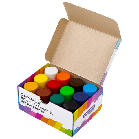 Краски акриловые художественные 12 цветов в банках по 22 мл, BRAUBERG HOBBY, Краски акриловые художественные 12 цветов в банках по 22 мл, BRAUBERG HOBBY,