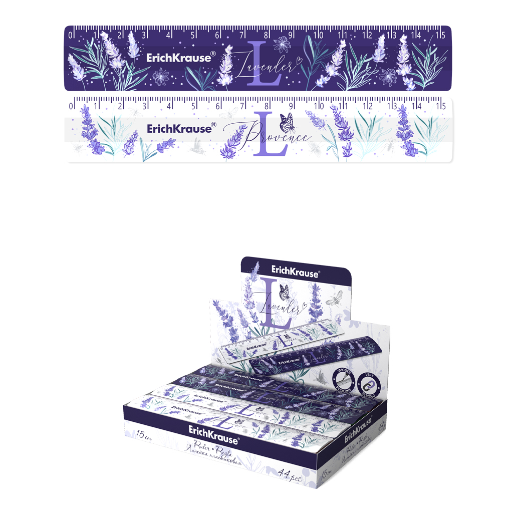 Линейка пластиковая ErichKrause® Lavender, 15см, ассорти из 2 дизайнов, в Линейка пластиковая ErichKrause® Lavender, 15см, ассорти из 2 дизайнов, в
