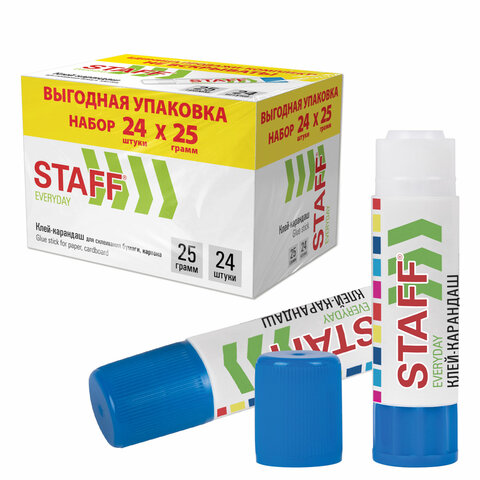 Клей-карандаш 25 г, ВЫГОДНАЯ УПАКОВКА, КОМПЛЕКТ 24 ШТУКИ, STAFF EVERYDAY, 273018 Клей-карандаш 25 г, ВЫГОДНАЯ УПАКОВКА, КОМПЛЕКТ 24 ШТУКИ, STAFF EVERYDAY, 273018