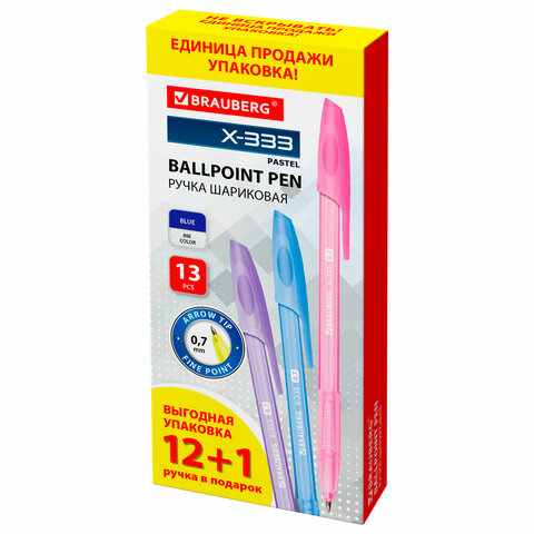 Ручка шариковая BRAUBERG "X-333 PASTEL", 12+1 В ПОДАРОК!, синяя, Ручка шариковая BRAUBERG "X-333 PASTEL", 12+1 В ПОДАРОК!, синяя,