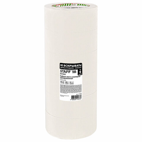 Клейкая лента малярная креппированная 48 мм x 50 м, КОМПЛЕКТ 6 шт., STAFF