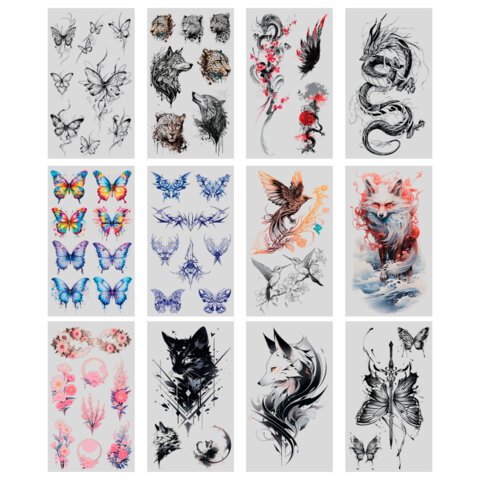 Наклейки-тату переводные "Цветные", 20,5х10 см, ассорти 12 видов, Наклейки-тату переводные "Цветные", 20,5х10 см, ассорти 12 видов,
